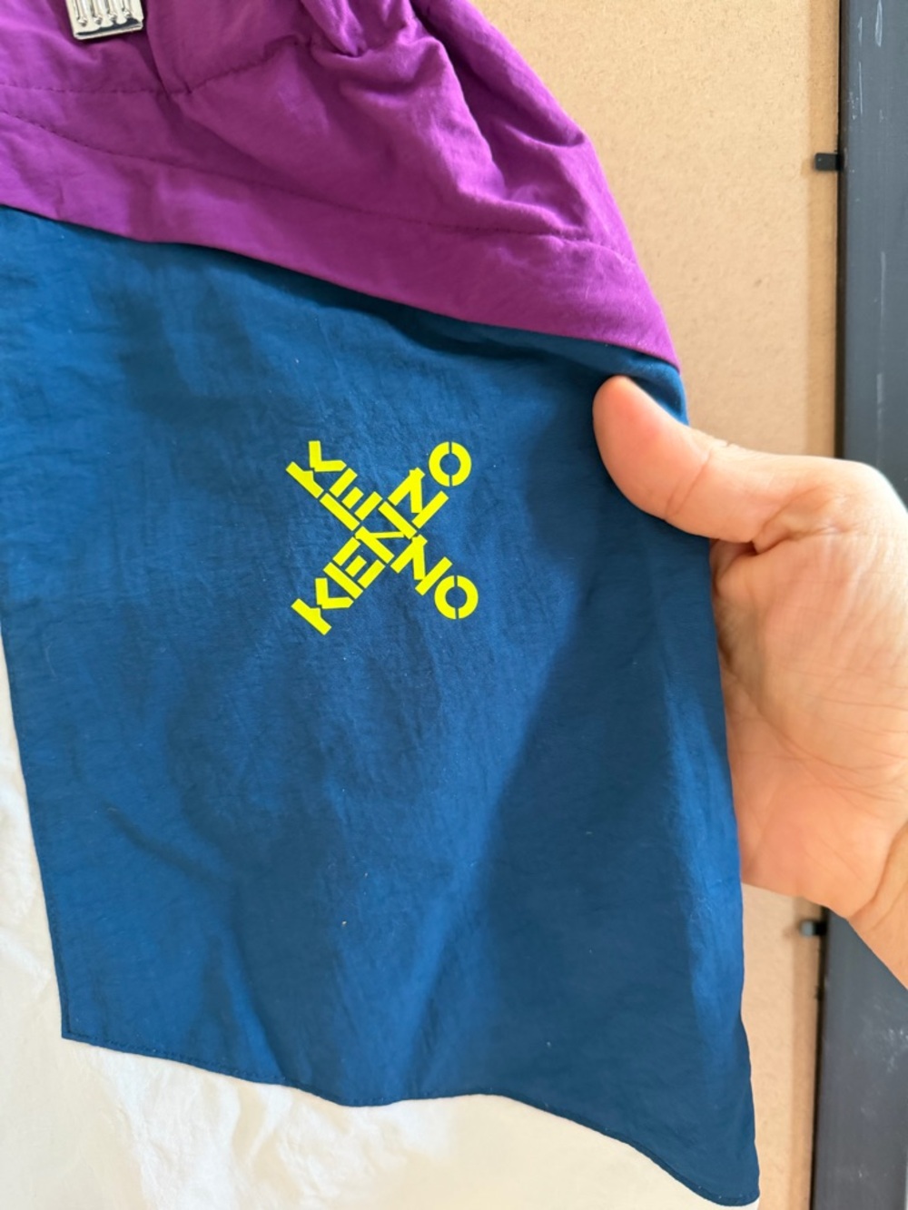 Kenzo Cream, Navy & Purple Colorblock Track Pants with Neon Logo - Picture 3 of 6